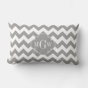 Grau Wht Chevron Dunkelgrau Vierpass 3 Monogramm Lendenkissen
