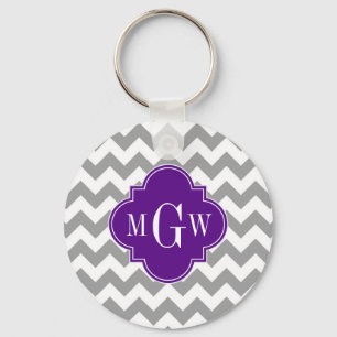Grau Wht Chevron Lila Quatrefoil 3 Monogramm Schlüsselanhänger