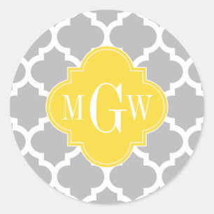 Grau Wht Moroccan #5 Ananas 3 Initialen Monogramm Runder Aufkleber