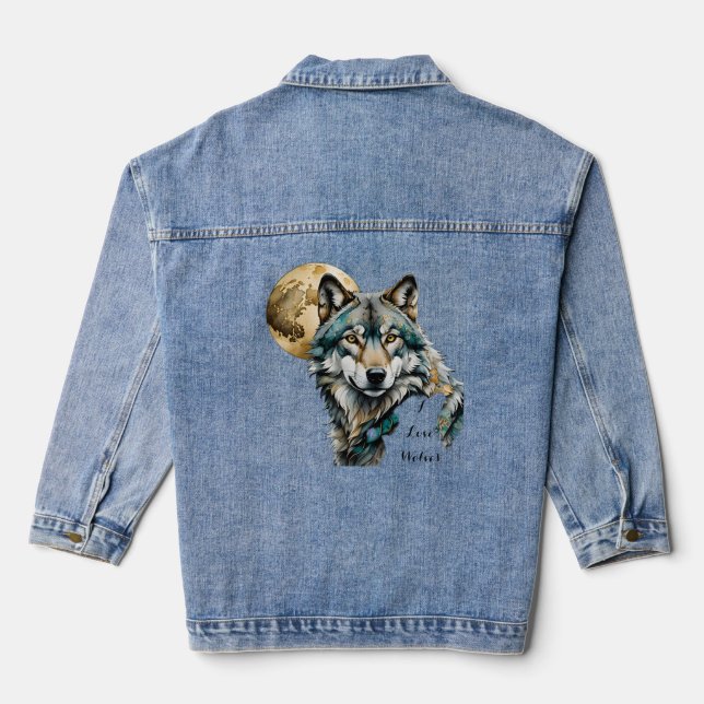 Grau Wolf & Gold Moon Aquamarin *Personalize* Jeansjacke (Rückseite)