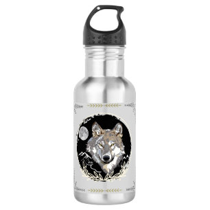Grau Wolf Moon Mountains Night Sky Water Flasche Edelstahlflasche