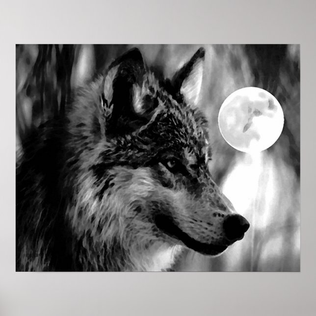 Grau Wolf & Moon Poster Print (Vorne)