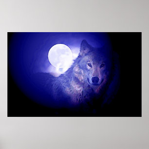 Grau Wolf & Moon Poster Print - Blaue Nachtwölfe