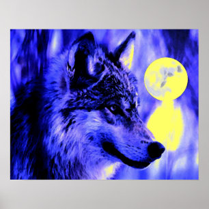 Grau Wolf & Moon Poster Print - Blaue Nachtwölfe