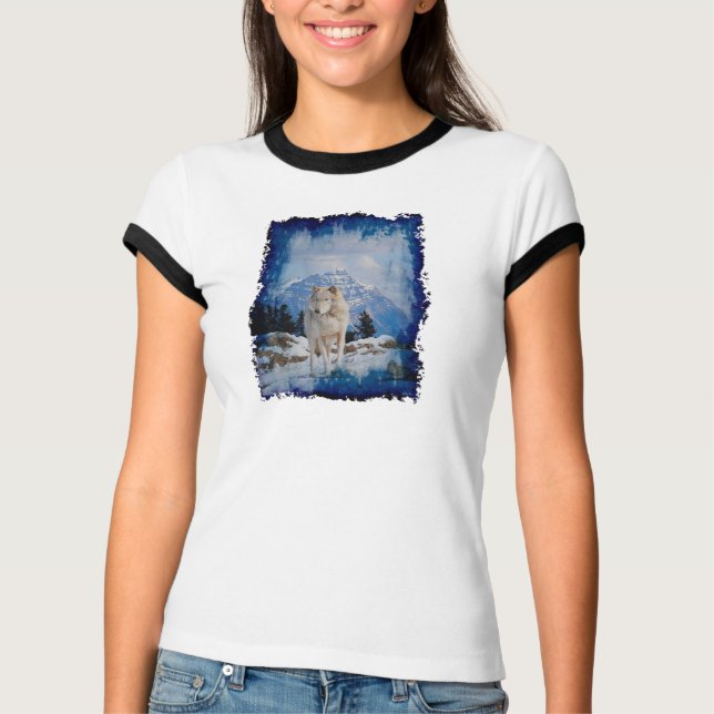 Grau Wolf & Rocky Mountains Wildlife Art Shirt (Vorderseite)