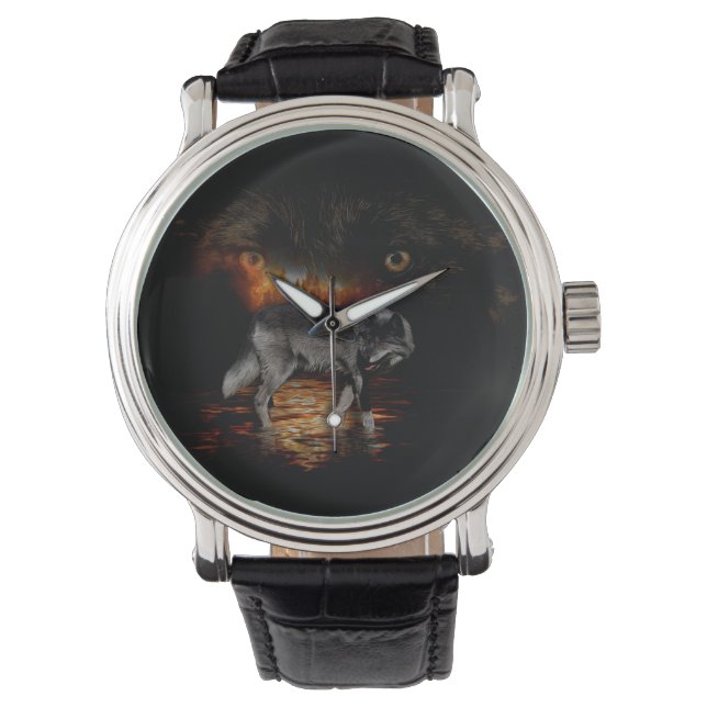 Grau Wolf und Wildfire Design Armbanduhr (Vorderseite)