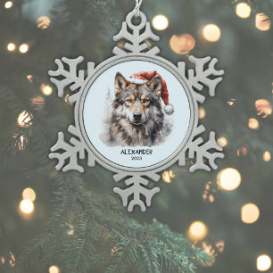 Grau Wolf Weihnachtsmannmütze Monogram Name Jahr W Schneeflocken Zinn-Ornament
