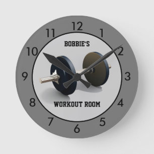 Grau Workout Room Fitness Personalisiert Runde Wanduhr