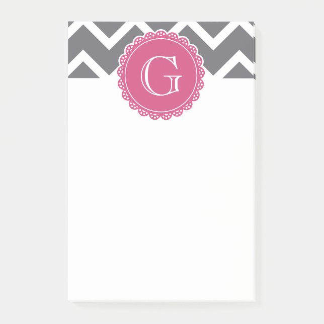 Grau-Zickzack-rosa Monogramm Post-it Klebezettel (Vorderseite)