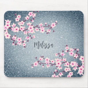 Graublauer Glitzer Cherry Blossom Monogramm Mousepad