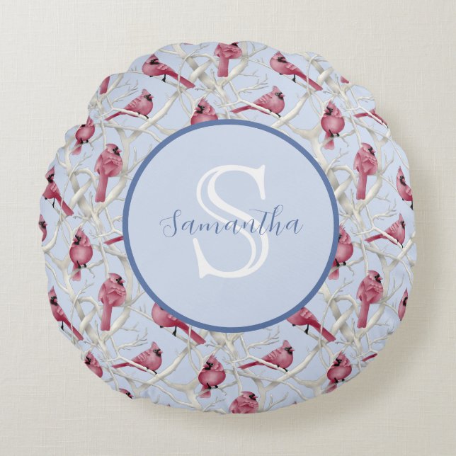 Graublauer Kardinal Birds Personalisiert Monogram Rundes Kissen (Vorderseite)