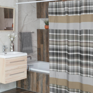 Graubraun Kariert Rustikal Neutral Streifen Beige Duschvorhang