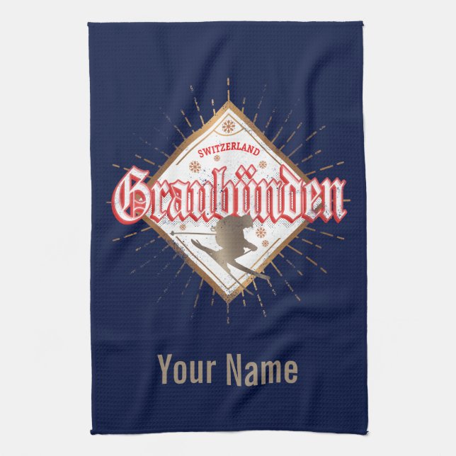 Graubünden Schweiz Retroskier Vintag Geschirrtuch (Vertikal)