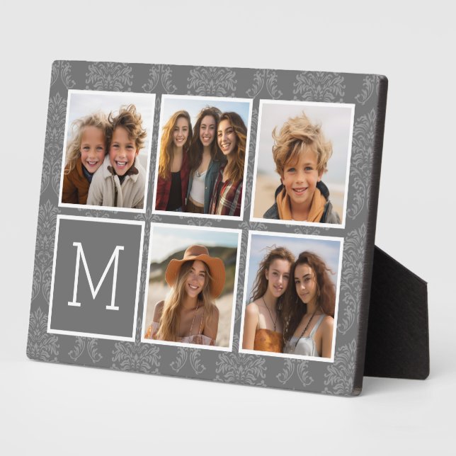 Graue 5-Foto-Collage mit Text Monogramm Fotoplatte (Seite)