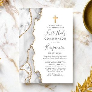 Graue Achat-Gold-Glitter-Erstkommunion Einladung