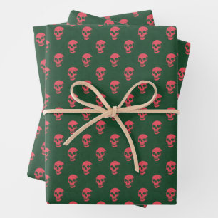 Graue anatomische Schädel-Punkte rosa grün Geschenkpapier Set