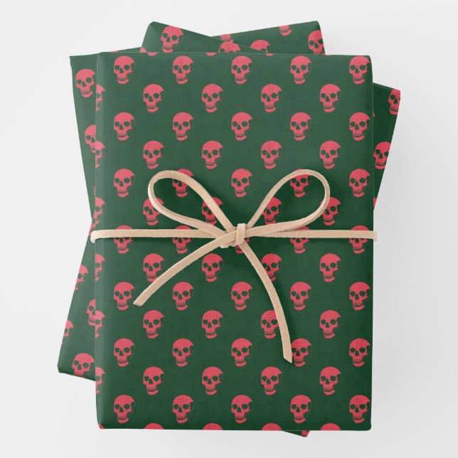 Graue anatomische Schädel-Punkte rosa grün Geschenkpapier Set (Beispiel)