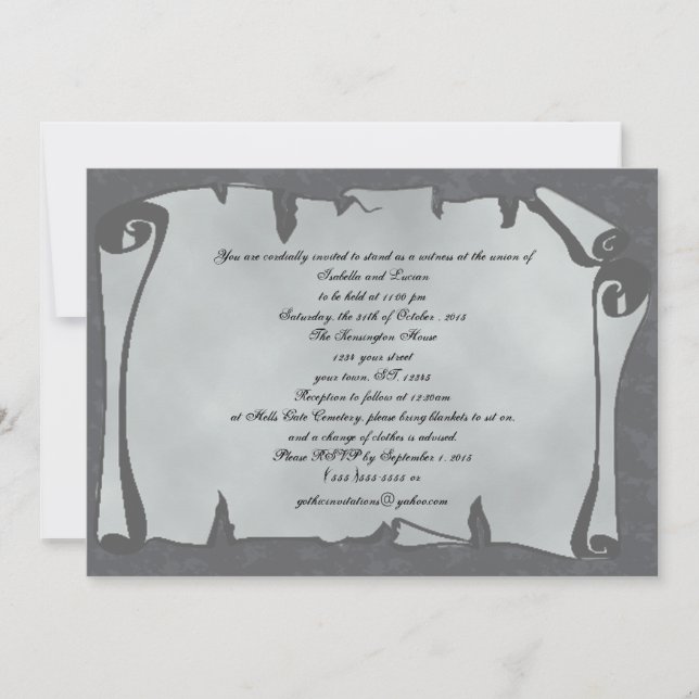 Graue antike Scroll Goth Wedding Einladungen (Vorderseite)