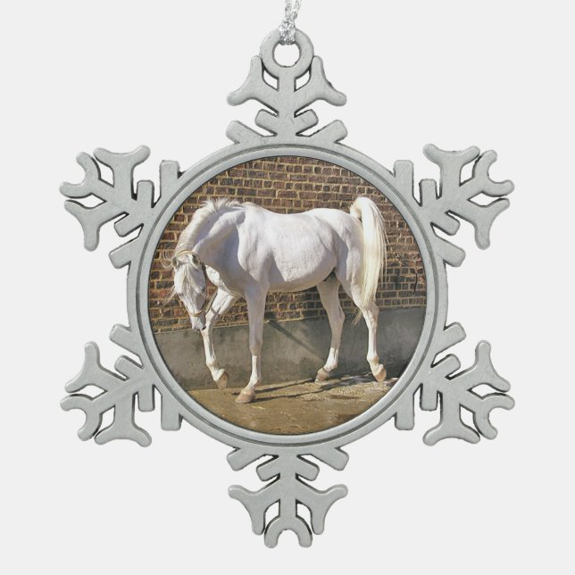 Graue arabische Stallions-Weihnachtsverzierung Schneeflocken Zinn-Ornament (Vorderseite)