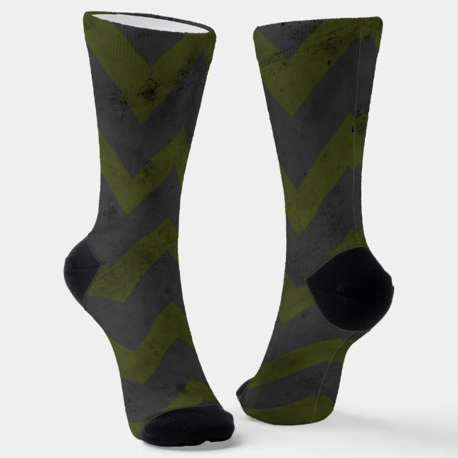 Graue Army-grüne Vintage Zickzack Musterlinien Socken (Gewinkelt)
