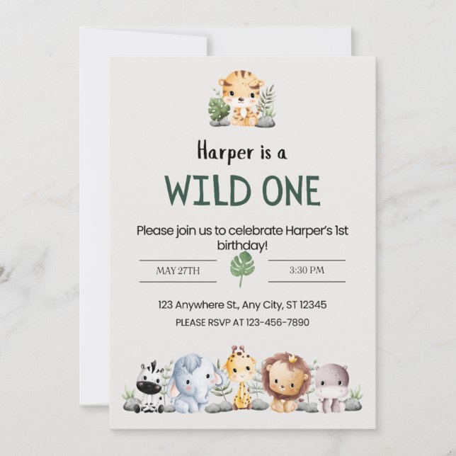 Graue Ästhetische Zootiere Geburtstagsparty Einladung (Vorderseite)