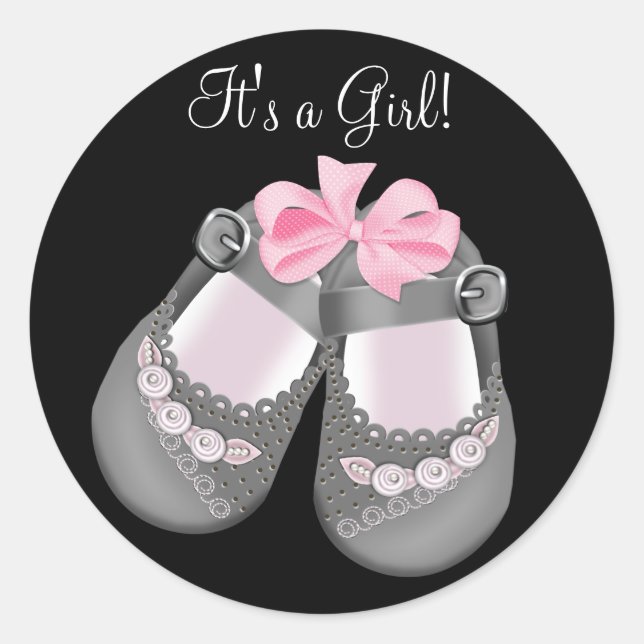 Graue Babyschuhe Pink Black Baby Shower Stickers (Vorderseite)