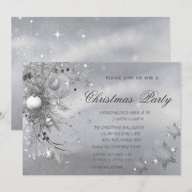 Graue Bäume Branch Balls Schneeflocken Weihnachten Einladung (Vorne/Hinten)