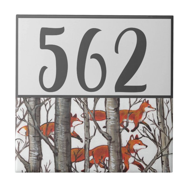 Graue Bäume Red Fox House Number Template Nature Fliese (Vorderseite)