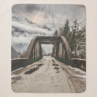 GRAUE BETONBOGENBRÜCKE NEBEN BLAUTTLOSEN BAUM IN D SHERPADECKE