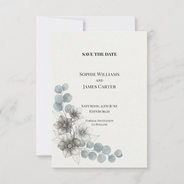 Graue Blaue Anemone Eukalyptus Hochzeit Termin mer Save The Date (Vorderseite)