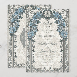Graue blaue florale botanische Hochzeitseinladung Einladung
