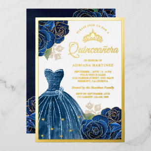 Graue blaue Rose Quinceanera Gold Folieneinladung
