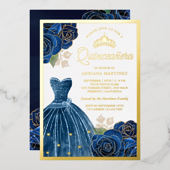 Graue blaue Rose Quinceanera Gold Folieneinladung (Vorderseite/Rückseite)