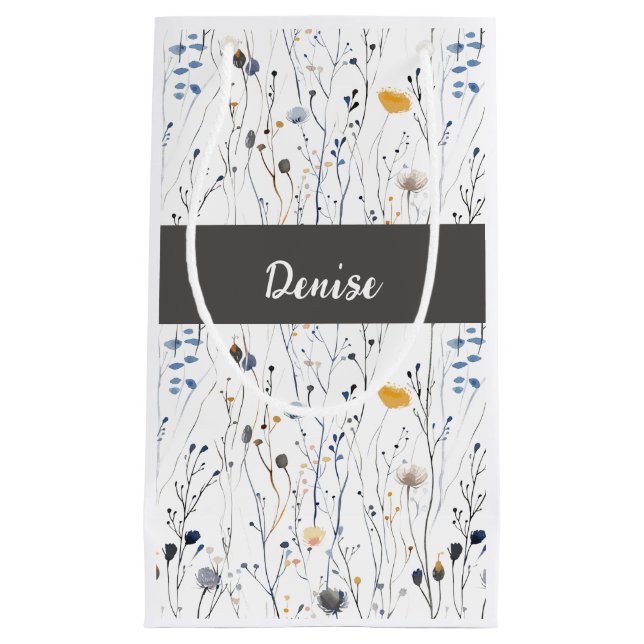 Graue Blaue Wildblumen-Wasserfarbe-Monogramm Kleine Geschenktüte (Vorderseite)