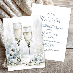 Graue Blumen Champagnergläser 15. Hochzeitstag Einladung