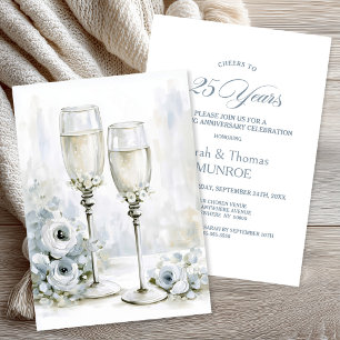Graue Blumen Champagnergläser 25. Hochzeitstag Einladung