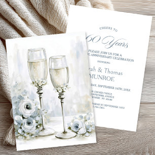 Graue Blumen Champagnergläser 60. Hochzeitstag Einladung
