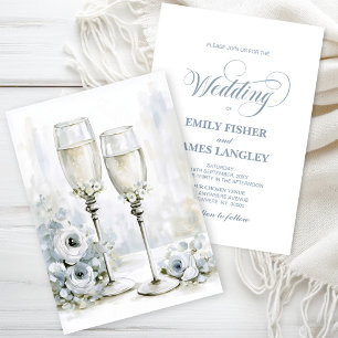 Graue Blumen Champagnergläser Hochzeit Einladung