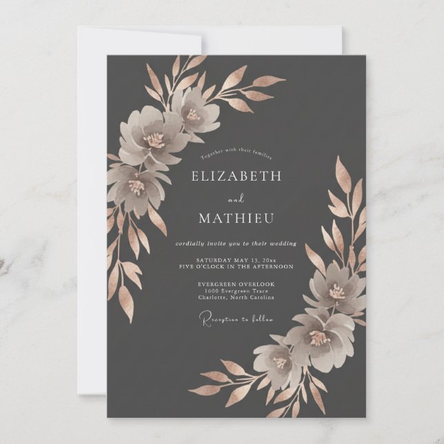 Graue Blumenanordnung Hochzeit Einladung (Vorderseite)