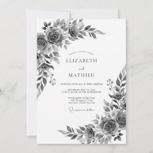Graue Blumige Botanische Romantische Hochzeit Einladung
