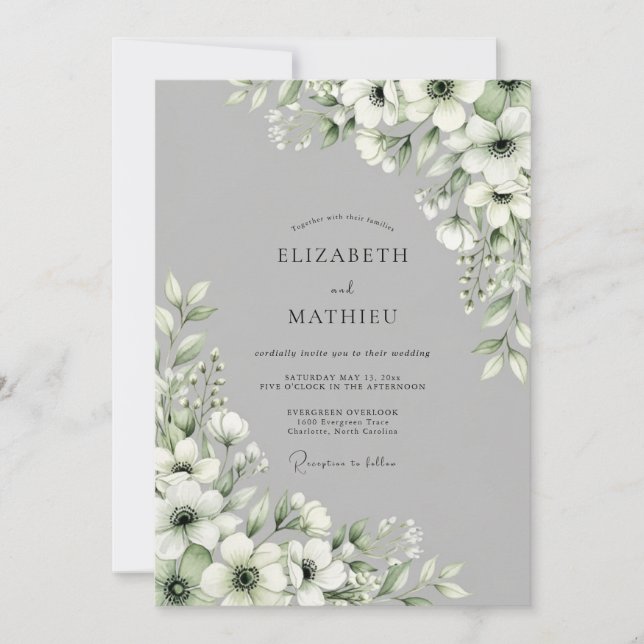 Graue Blumige Hochzeit Einladung (Vorderseite)