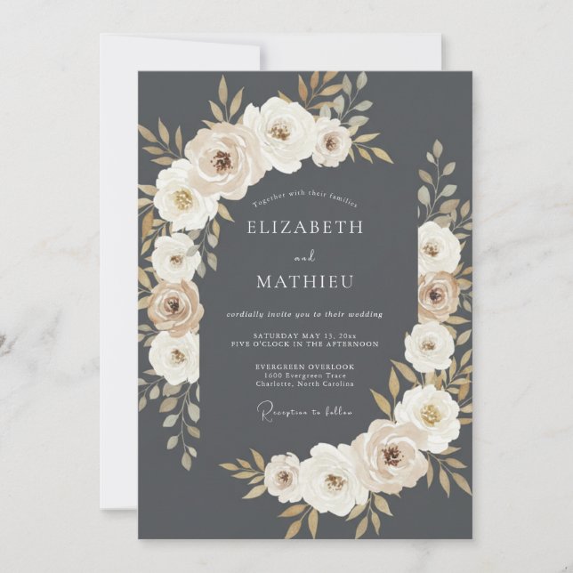 Graue Blumige Lorbeer-Hochzeit Einladung (Vorderseite)