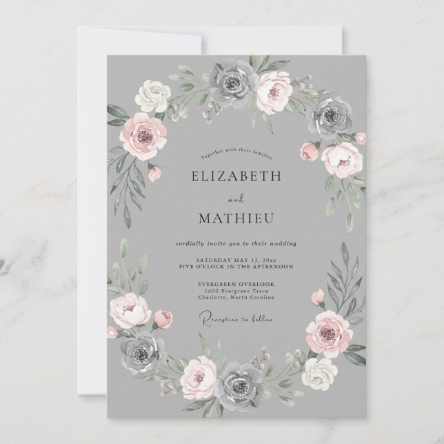 Graue Blush-Blumengirlande Hochzeit Einladung (Vorderseite)