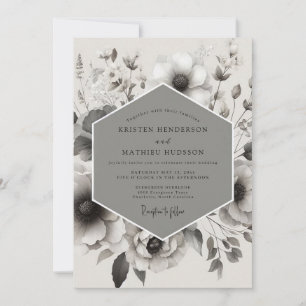 Graue Blüten Romantische Eleganz Hochzeit Einladung