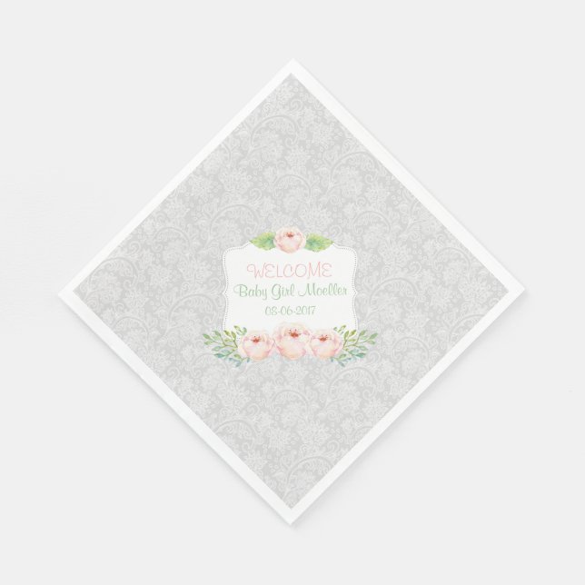 Graue Blütenblume Damaske Napkin / Mädchen Babydus Serviette (Ecke)
