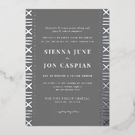 Graue Boho Mudcloth Border Silver Foil Einladung