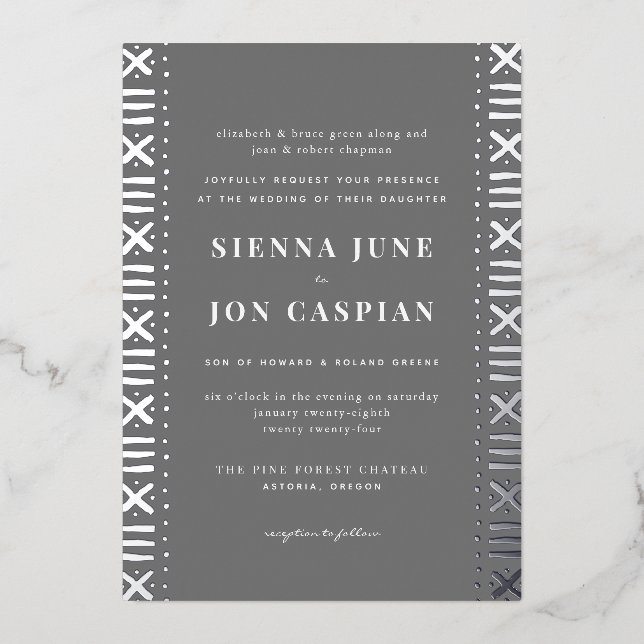 Graue Boho Mudcloth Border Silver Foil Einladung (Vorderseite)