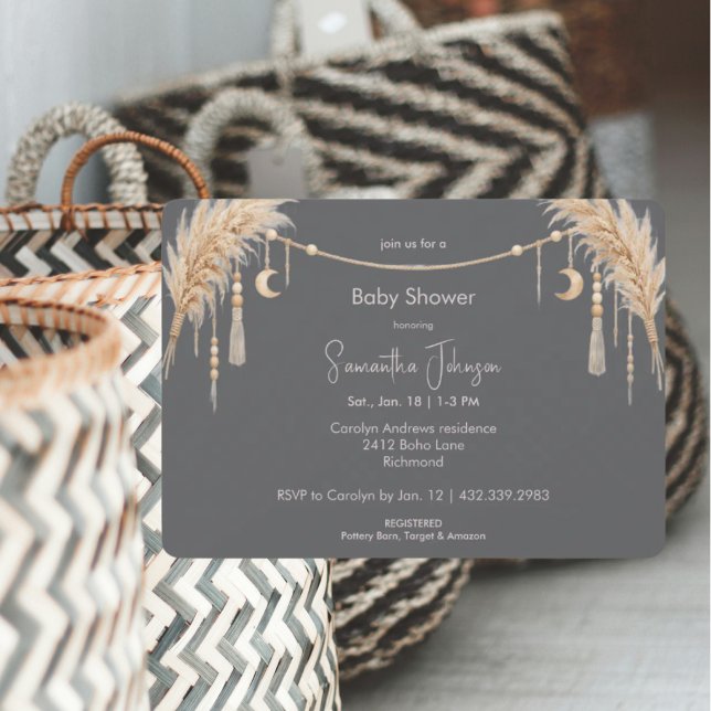 Graue Boho-Pampas-Baby-Party Einladung (Von Creator hochgeladen)