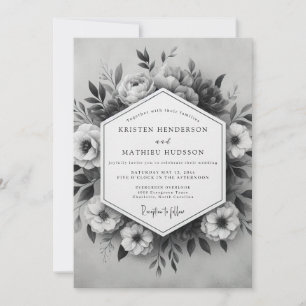 Graue Botanische Hochzeit in Holzkohlegrau Einladung