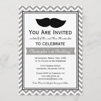 Graue Boy Mustache Zickzack Geburtstagsparty Einladung